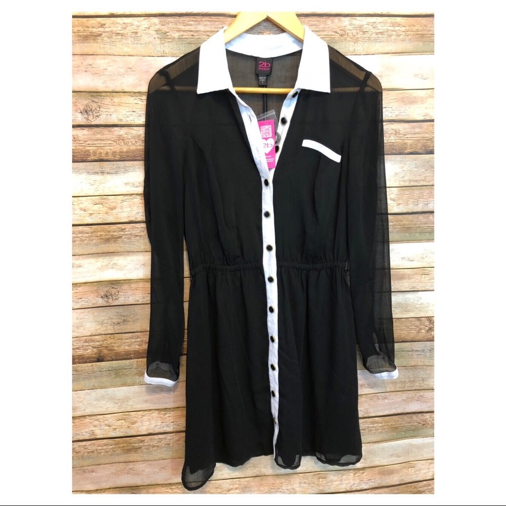 Bebe 2B Dress Sheer Full Sleeve Collar NWT Black